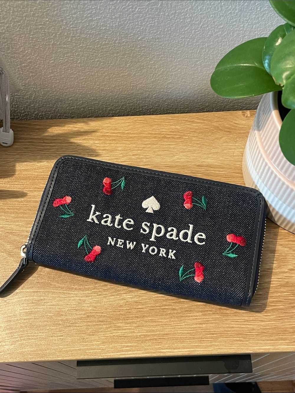 kate spade Black Wallet with Red Cherry Embroidery